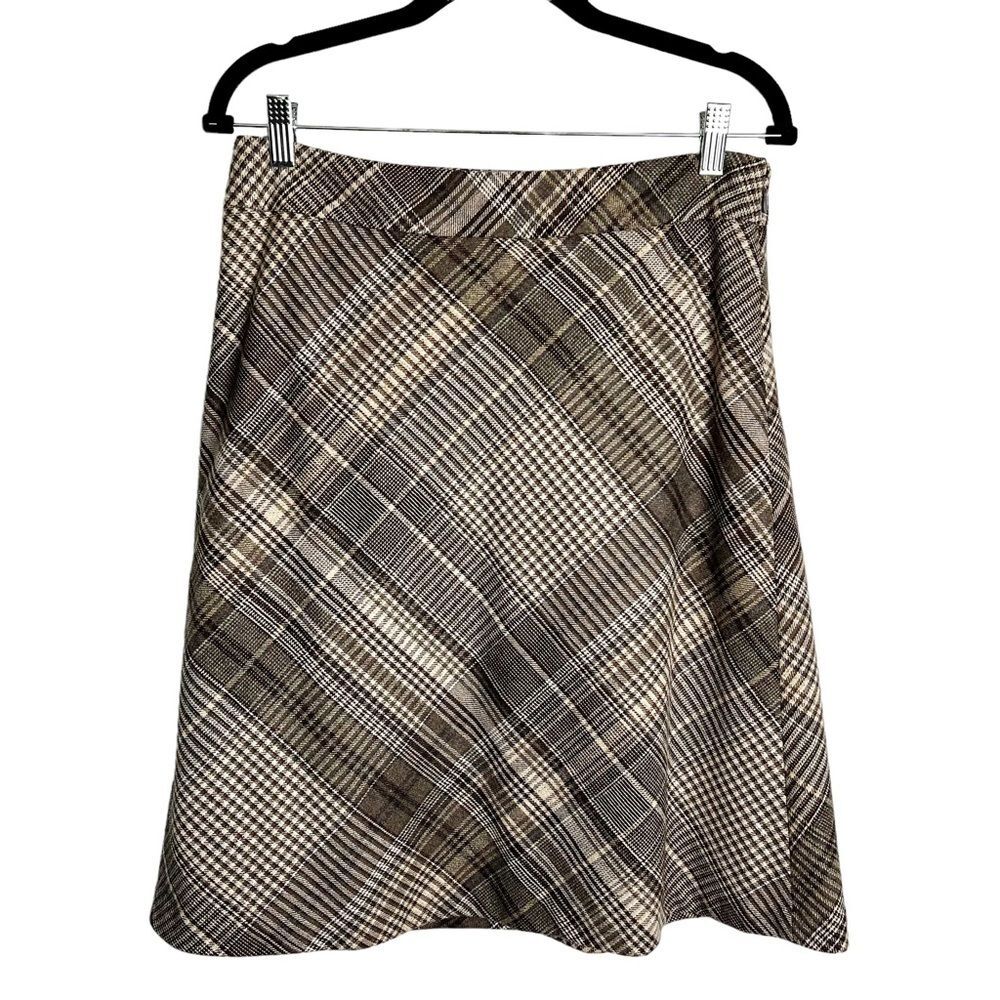 Ann Taylor LOFT Women's Wool Blend Brown Plaid A-Line Skirt Balmoral Fall Sz 8P